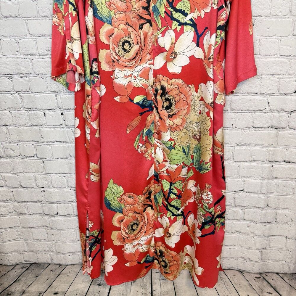 Natori Enchanted Lotus Satin Zip Caftan Women Plus 2X Boho Resort Art To Wear - Picture 7 of 16